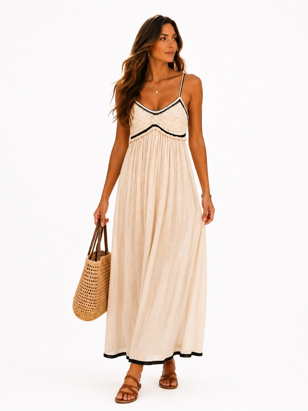 Zara Crochet Bodice Boho Maxi Dress Cream Black Strappy S - Picture 1 of 8